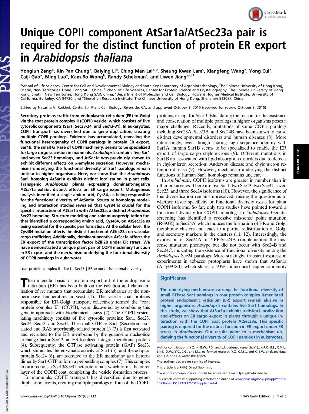 Unique COPII Component Atsar1a/Atsec23a Pair Is Required for the Distinct Function of Protein ER Export in Arabidopsis Thaliana