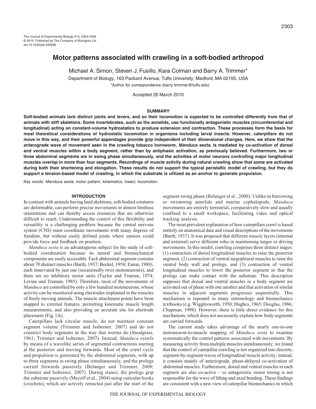 Motor Patterns Associated with Crawling in a Soft-Bodied Arthropod