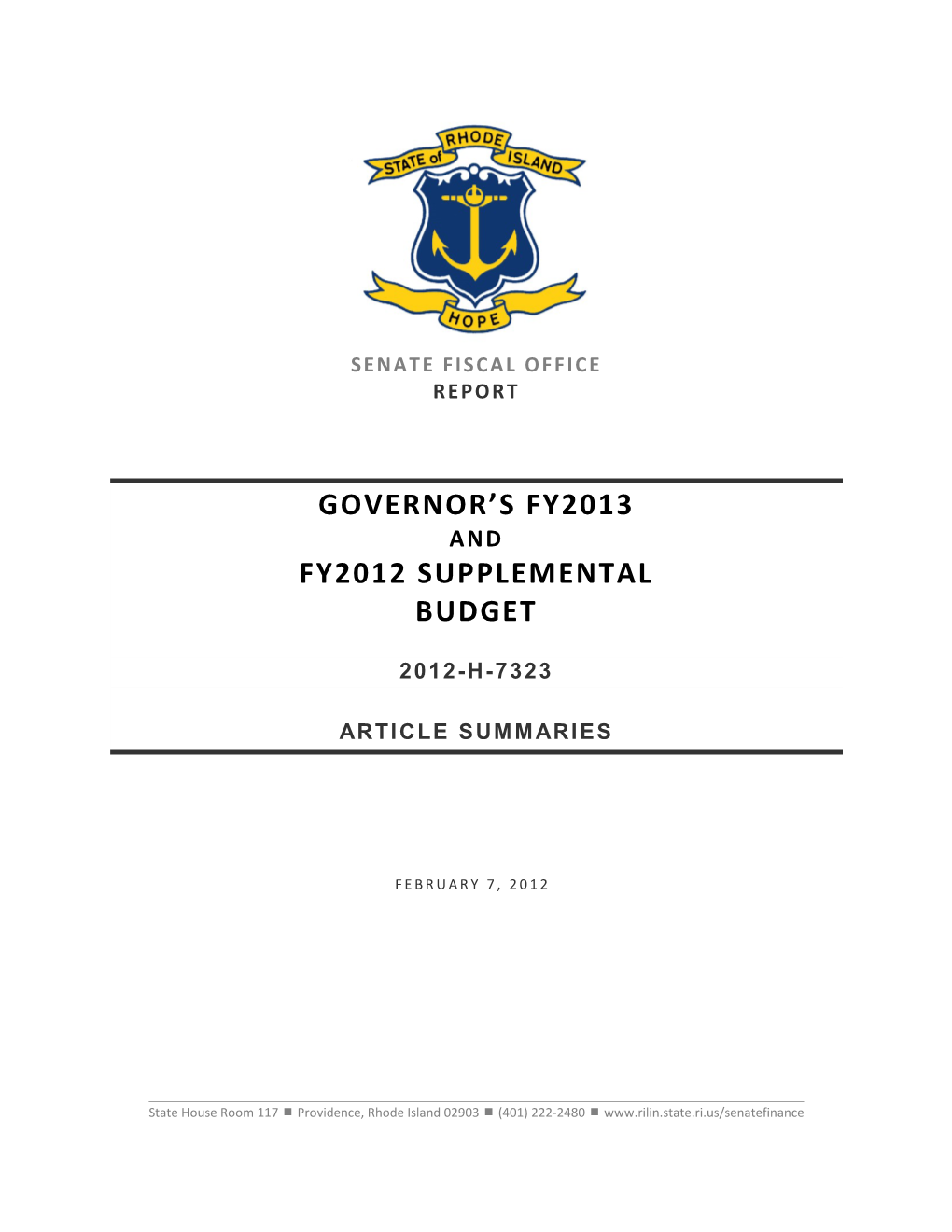 Governor's FY2013 Budget Articles