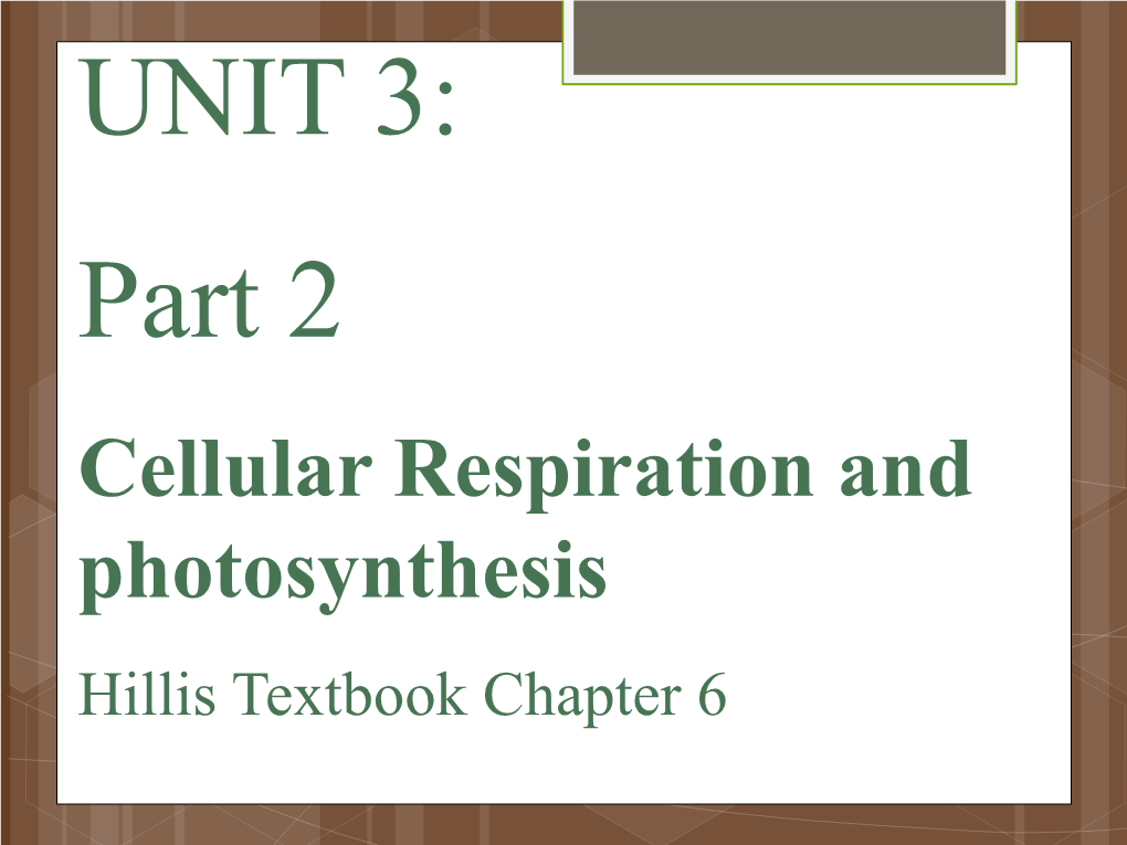 Cellular Respiration and Photosynthesis Hillis Textbook Chapter 6  Cellular Respiration Is a Major Catabolic Pathway