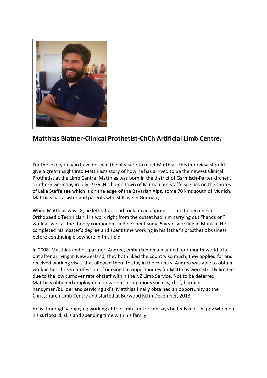 Matthias Blatner-Clinical Prothetist-Chch Artificial Limb Centre