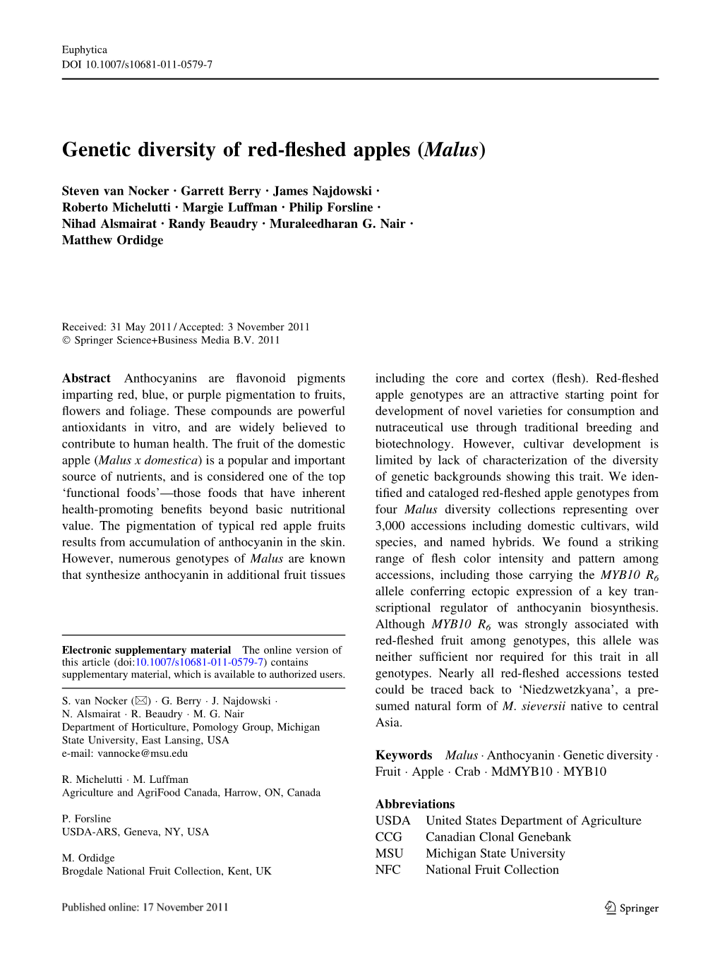 Genetic Diversity of Red-Fleshed Apples (Malus)