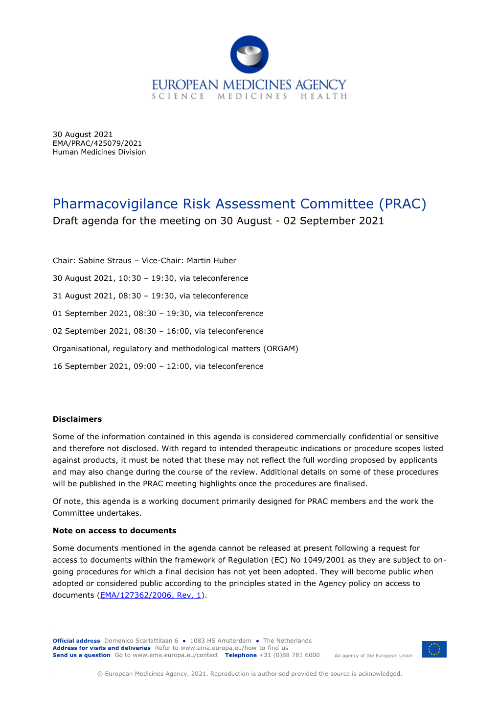 PRAC Draft Agenda of Meeting 30 August