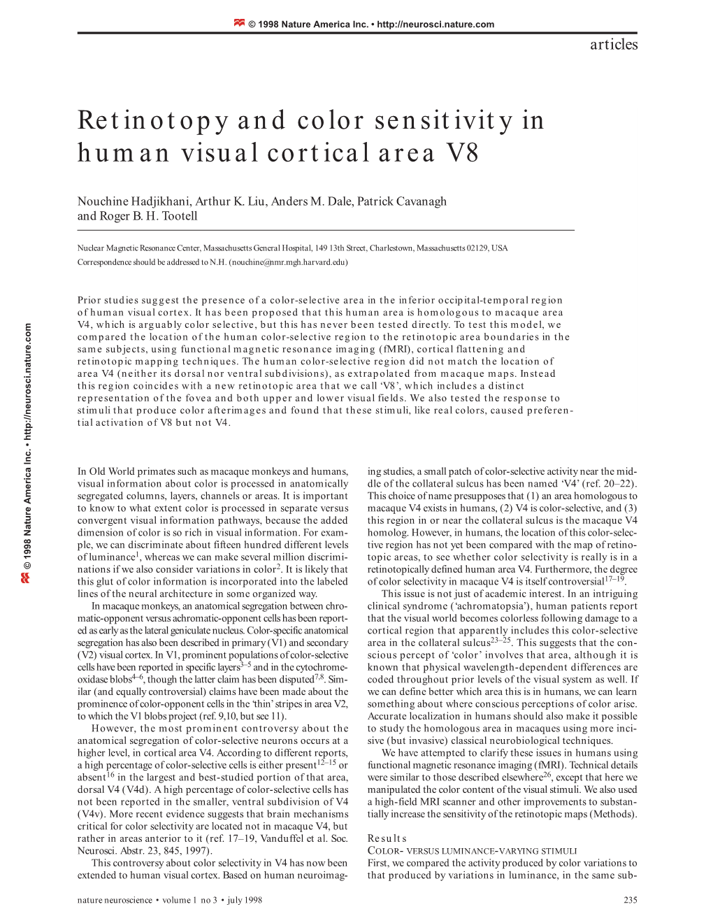 Retinotopy and Color Sensitivity in Human Visual Cortical Area V8