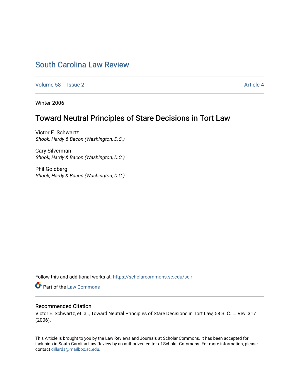 Toward Neutral Principles of Stare Decisions in Tort Law