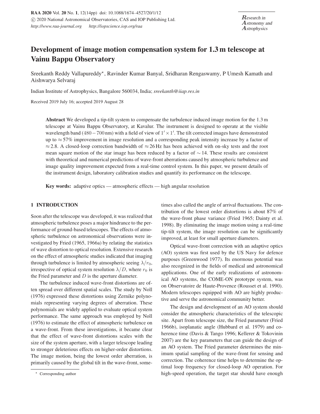 Development of Image Motion Compensation System for 1.3 M Telescope at Vainu Bappu Observatory