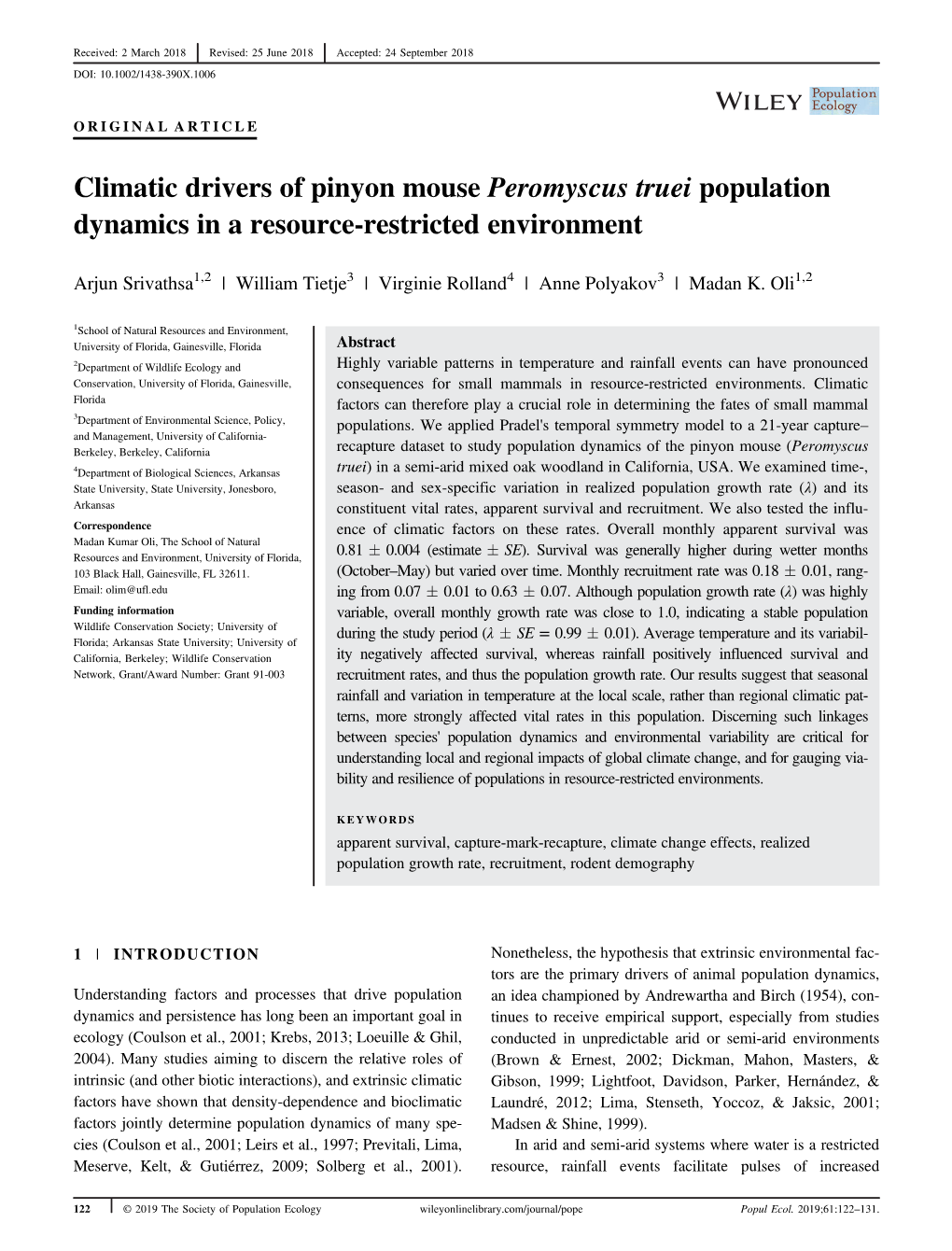 Climatic Drivers of Pinyon Mouse Peromyscus Truei Population Dynamics in a Resource-Restricted Environment