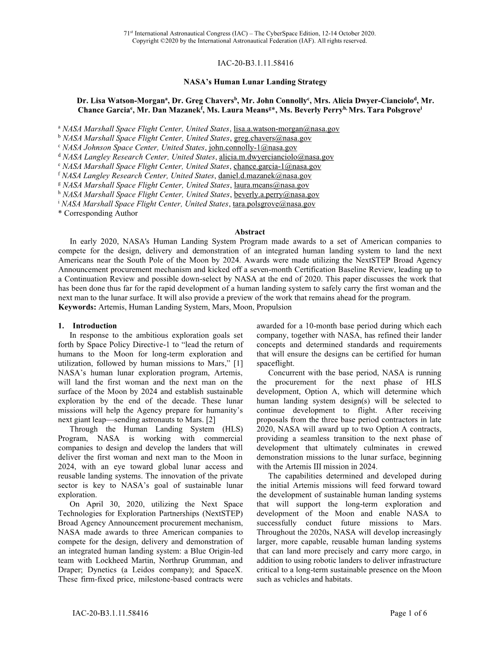 IAC-20-B3.1.11.58416 Page 1 of 6 IAC-20-B3.1.11.58416 NASA's