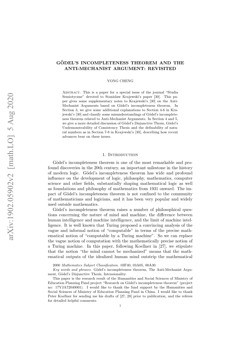 Arxiv:1902.05902V2 [Math.LO] 5 Aug 2020 Ee Olnrfrsnigm I Rfso 2,2]Pirt P to Prior 28] [27, of by Drafts Comments