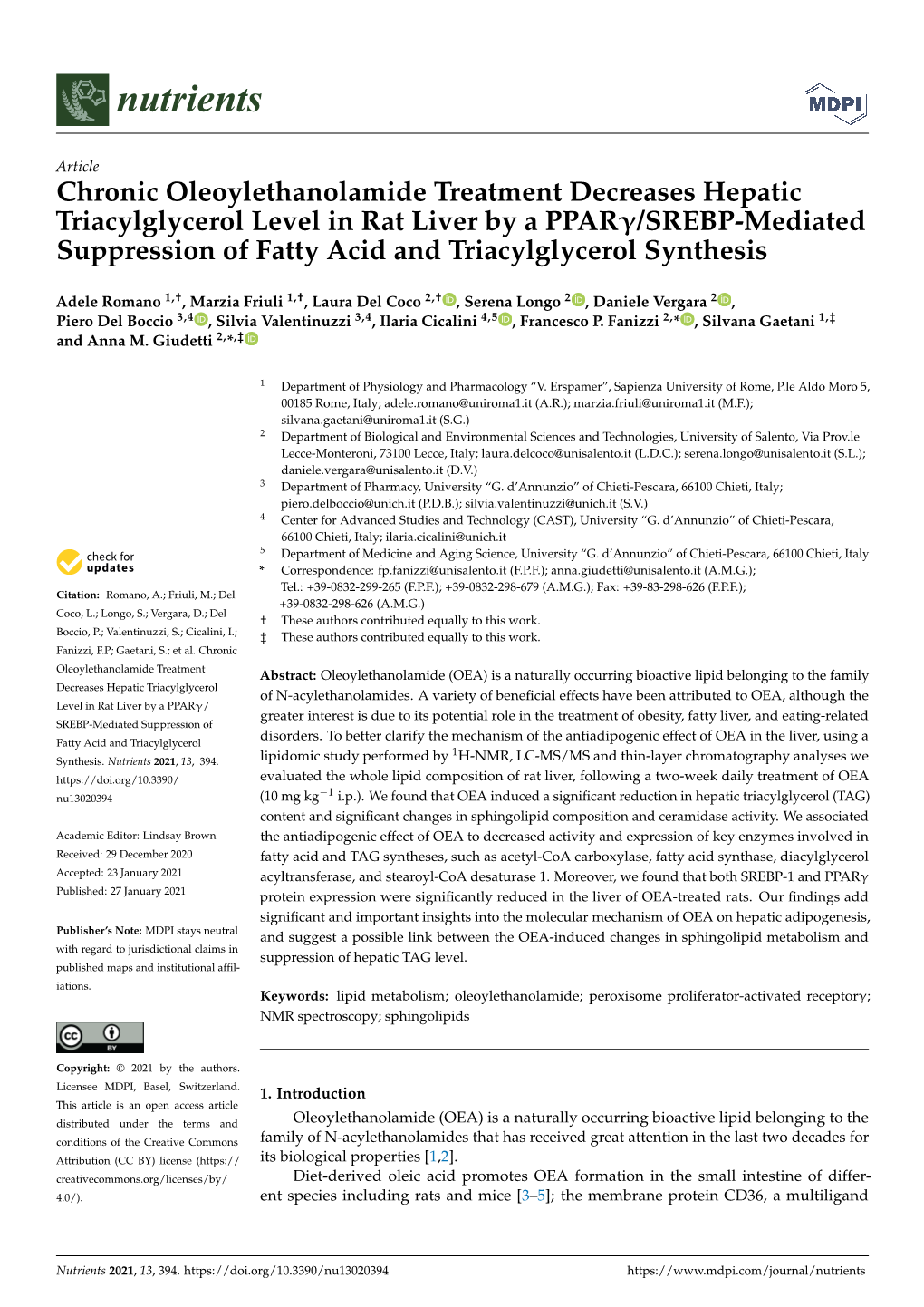 Chronic Oleoylethanolamide Treatment Decreases Hepatic