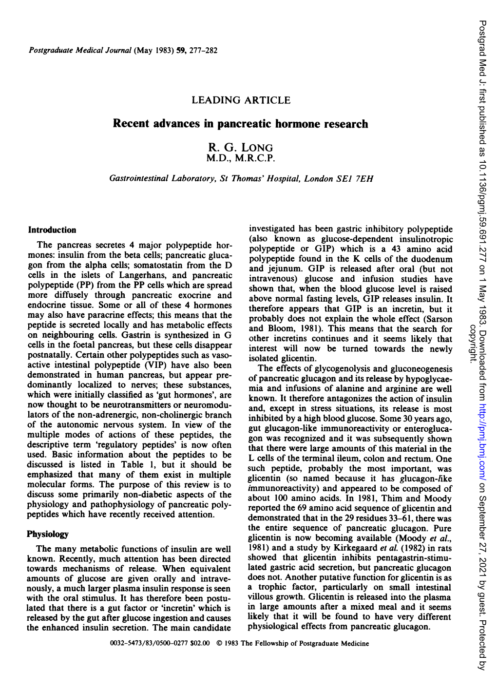 Recent Advances in Pancreatic Hormone Research R. G. LONG M.D., M.R.C.P