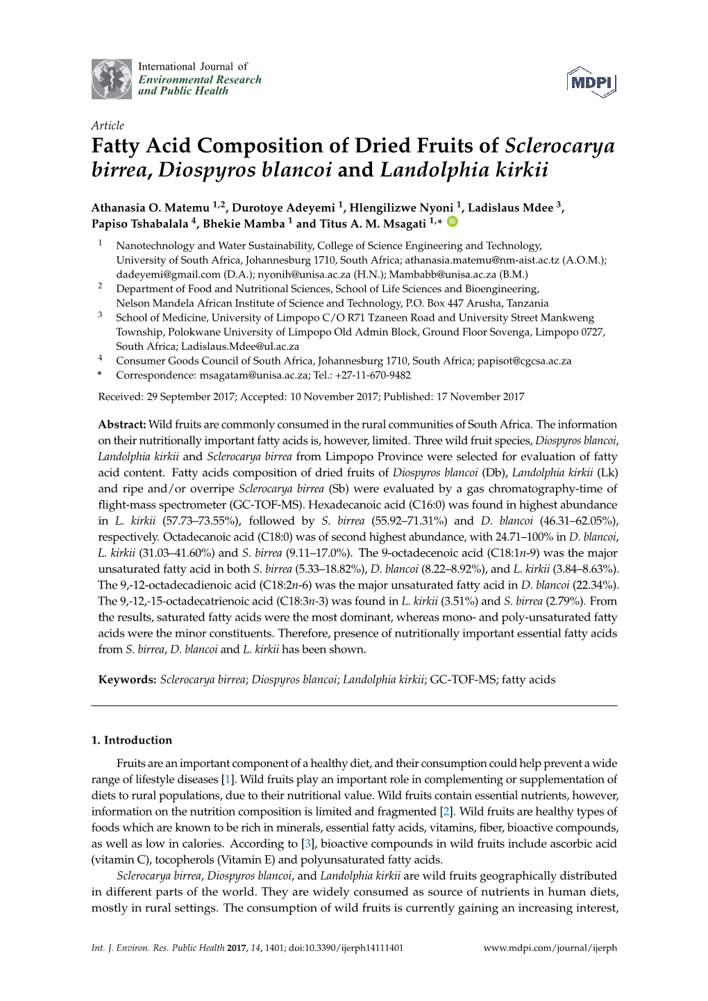 Fatty Acid Composition of Dried Fruits of Sclerocarya Birrea, Diospyros Blancoi and Landolphia Kirkii