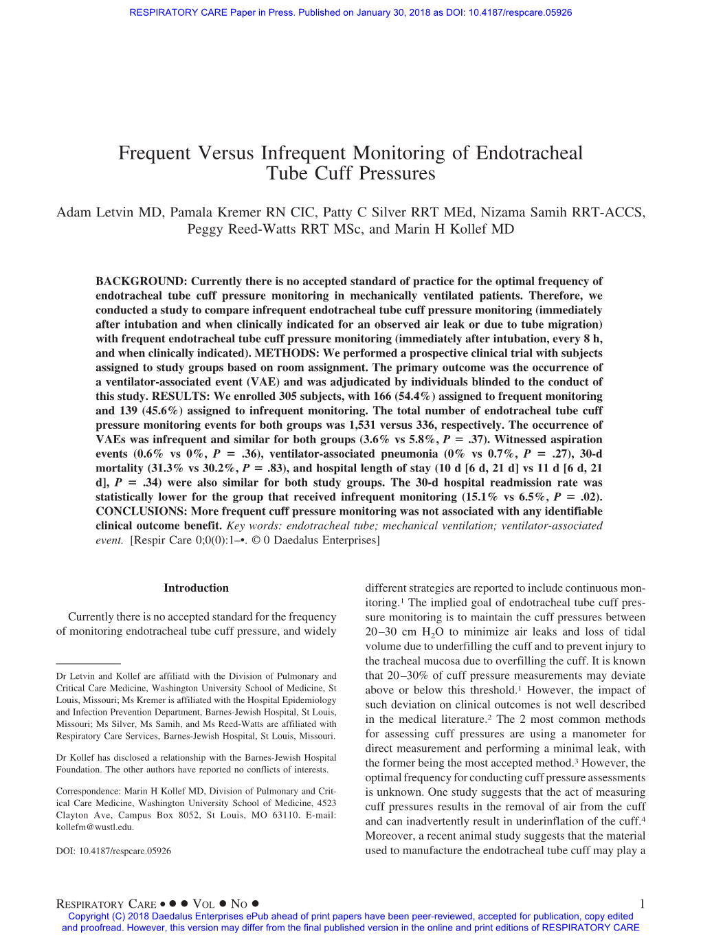 Frequent Versus Infrequent Monitoring of Endotracheal Tube Cuff Pressures