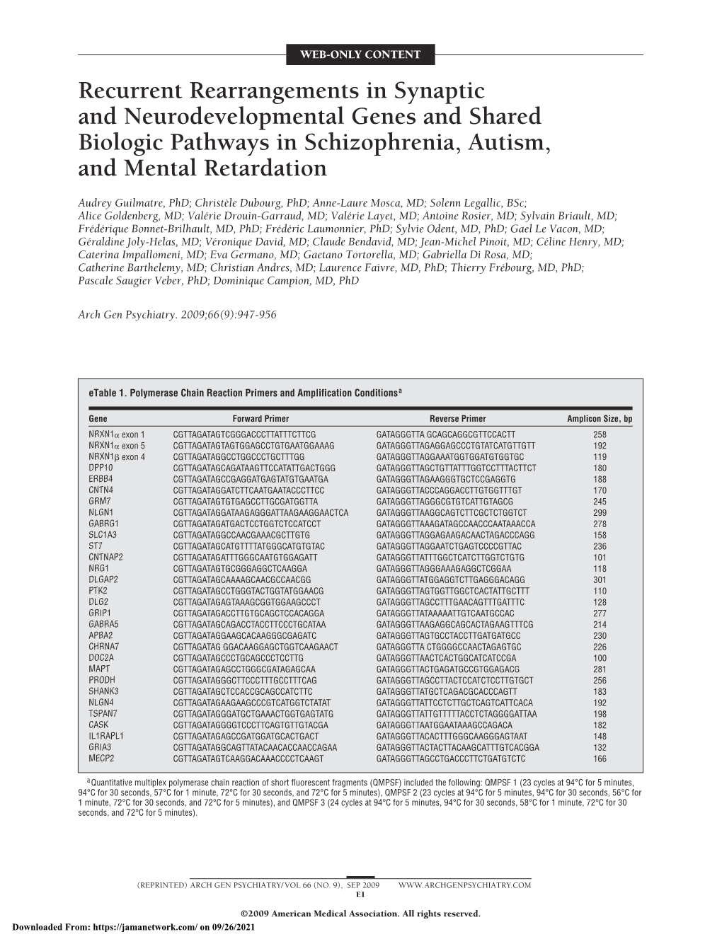 Recurrent Rearrangements in Synaptic and Neurodevelopmental Genes and Shared Biologic Pathways in Schizophrenia, Autism, and Mental Retardation