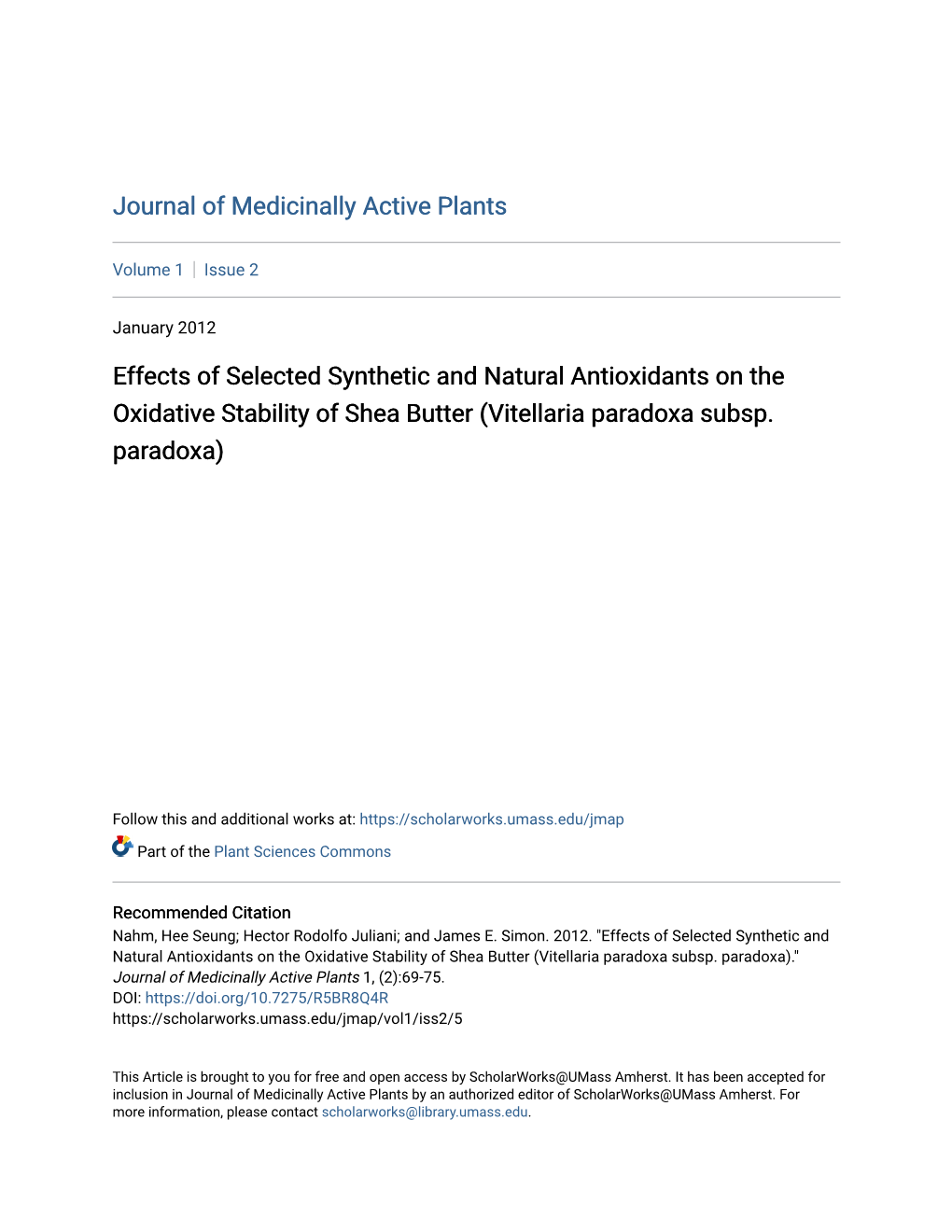 Effects of Selected Synthetic and Natural Antioxidants on the Oxidative Stability of Shea Butter (Vitellaria Paradoxa Subsp