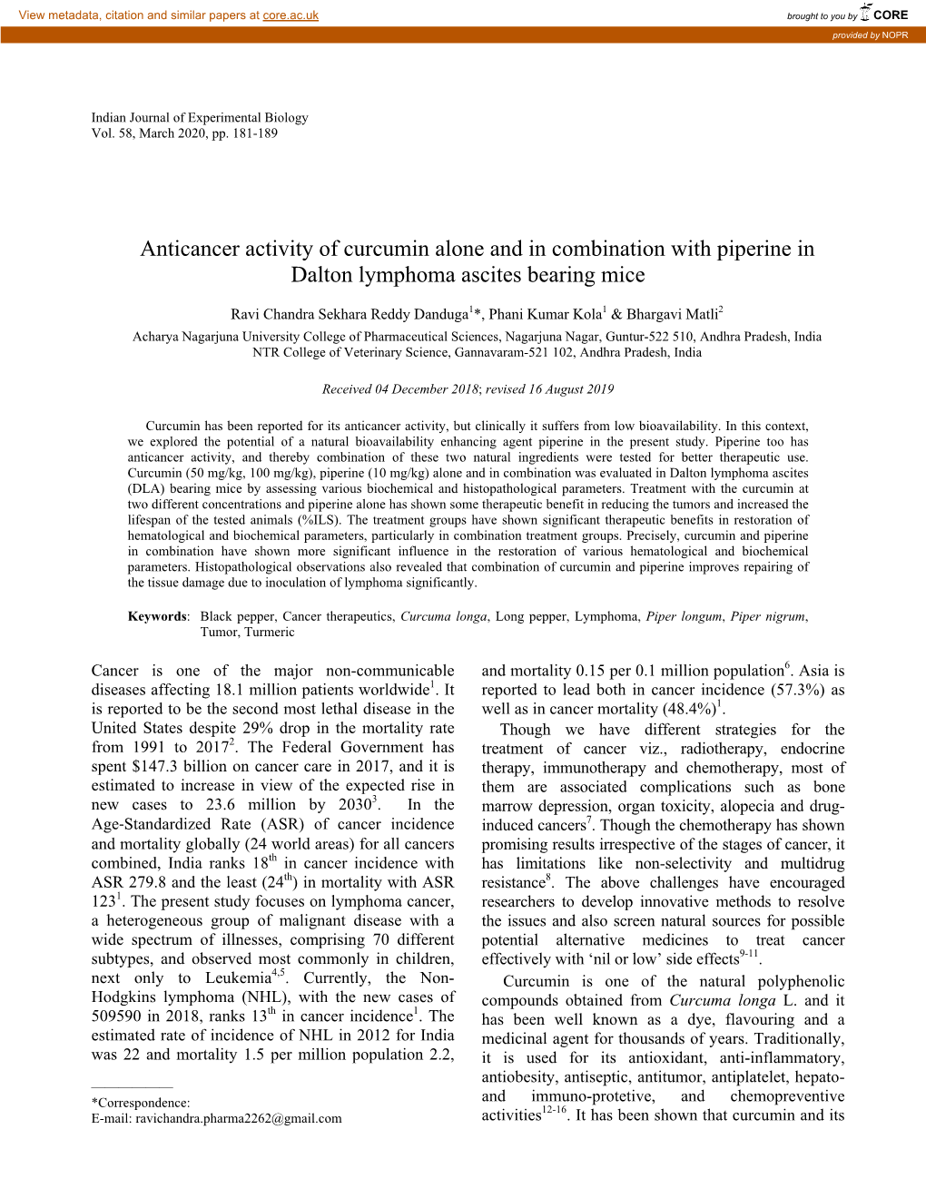 Anticancer Activity of Curcumin Alone and in Combination with Piperine in Dalton Lymphoma Ascites Bearing Mice