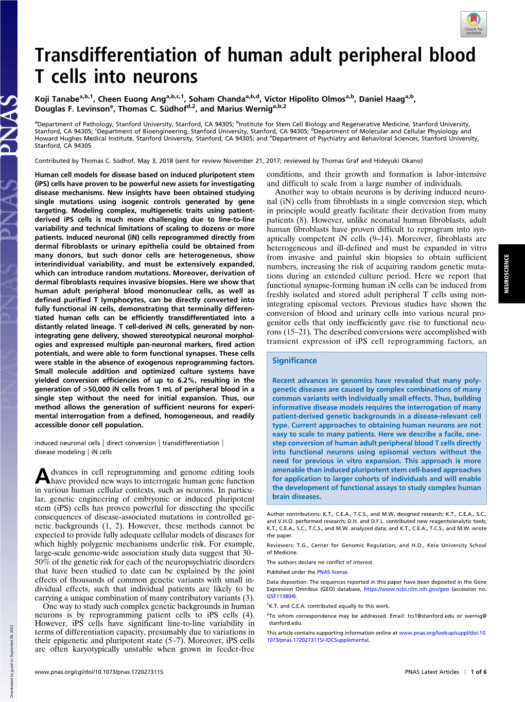 Transdifferentiation of Human Adult Peripheral Blood T Cells Into Neurons