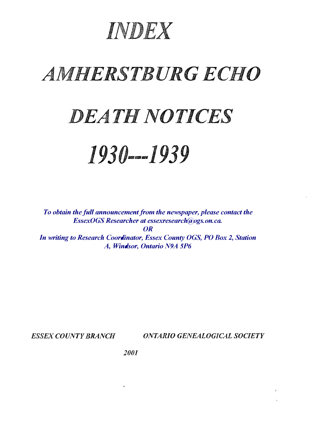 Amherstburg Echo Death Notices 1930-1939