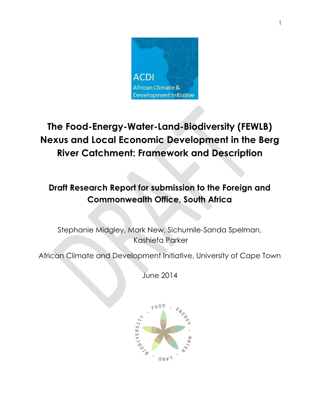 (FEWLB) Nexus and Local Economic Development in the Berg River Catchment: Framework and Description