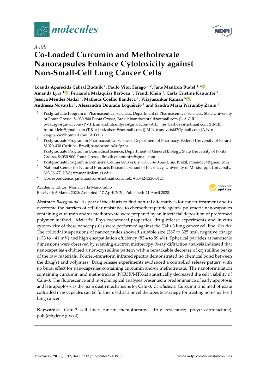 Co-Loaded Curcumin and Methotrexate Nanocapsules Enhance Cytotoxicity Against Non-Small-Cell Lung Cancer Cells