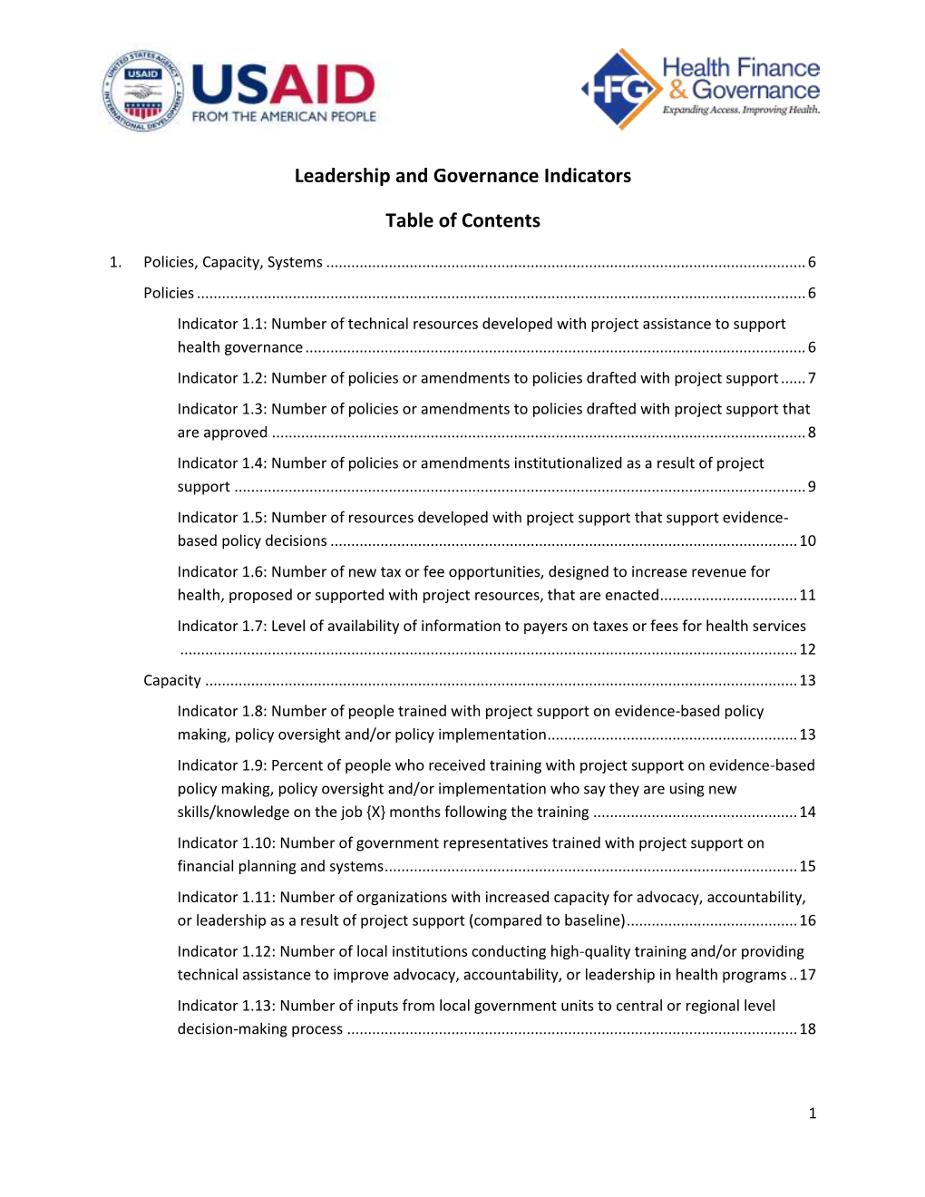 Leadership and Governance Indicators Table of Contents