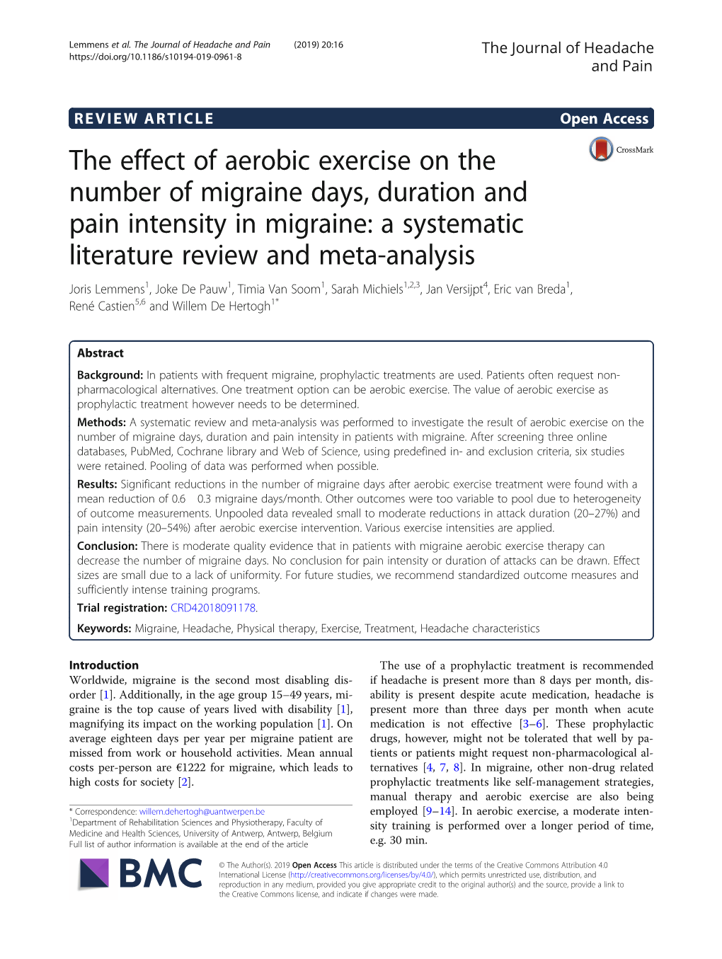 The Effect of Aerobic Exercise on the Number of Migraine Days, Duration