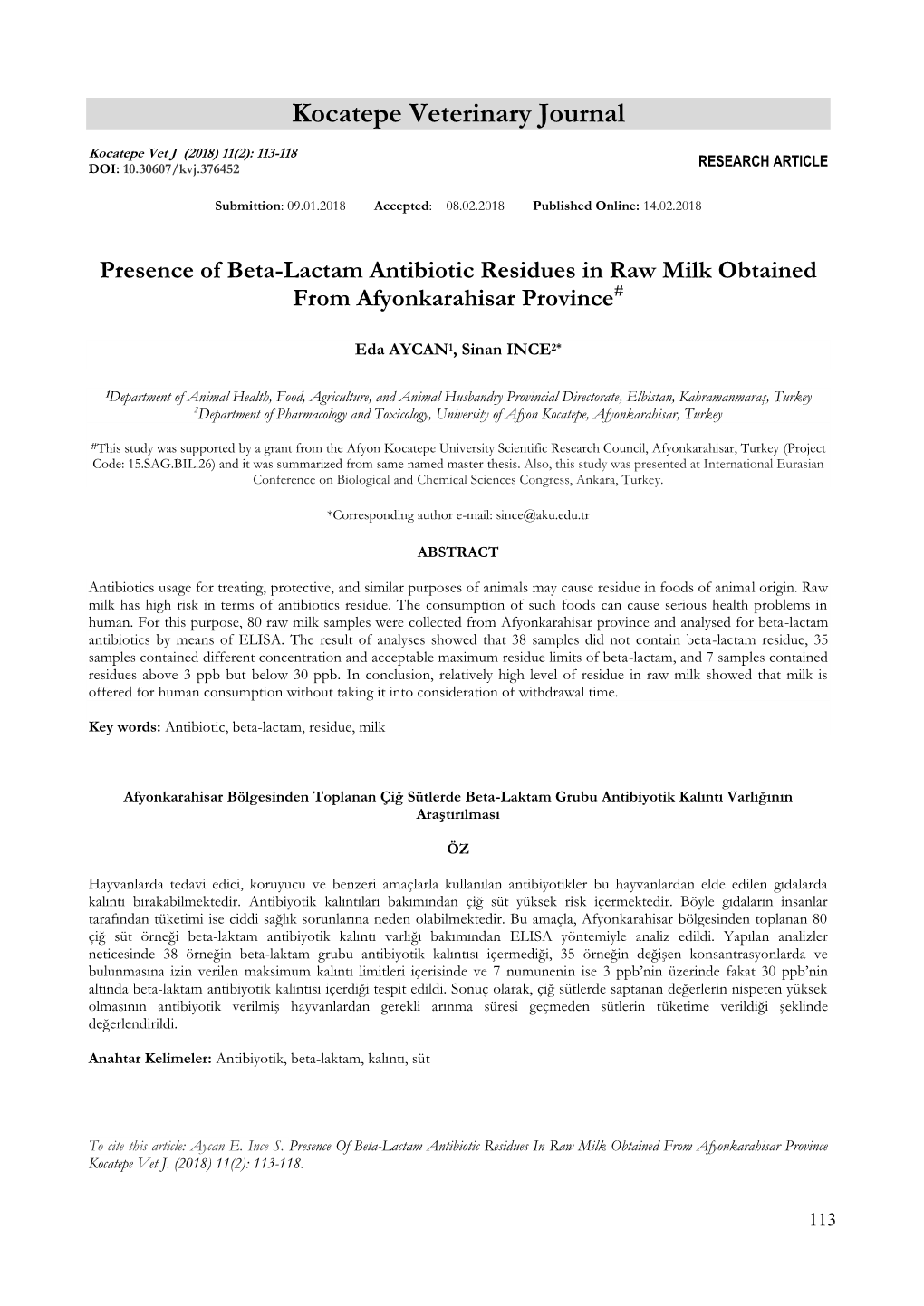 Presence of Beta-Lactam Antibiotic Residues in Raw Milk Obtained from Afyonkarahisar Province