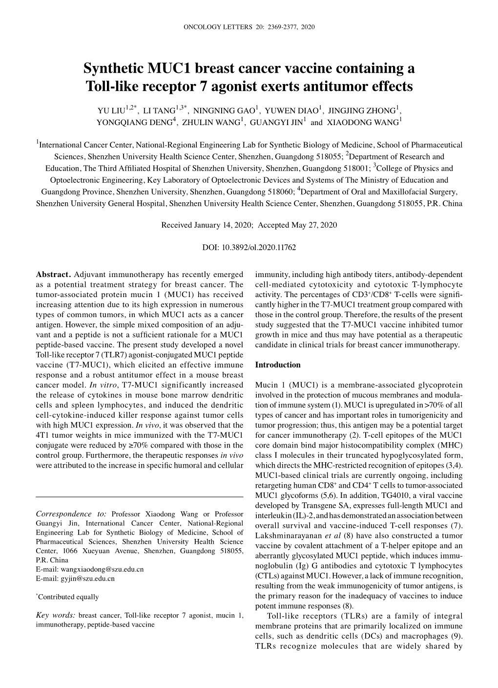 Synthetic MUC1 Breast Cancer Vaccine Containing a Toll‑Like Receptor 7 Agonist Exerts Antitumor Effects