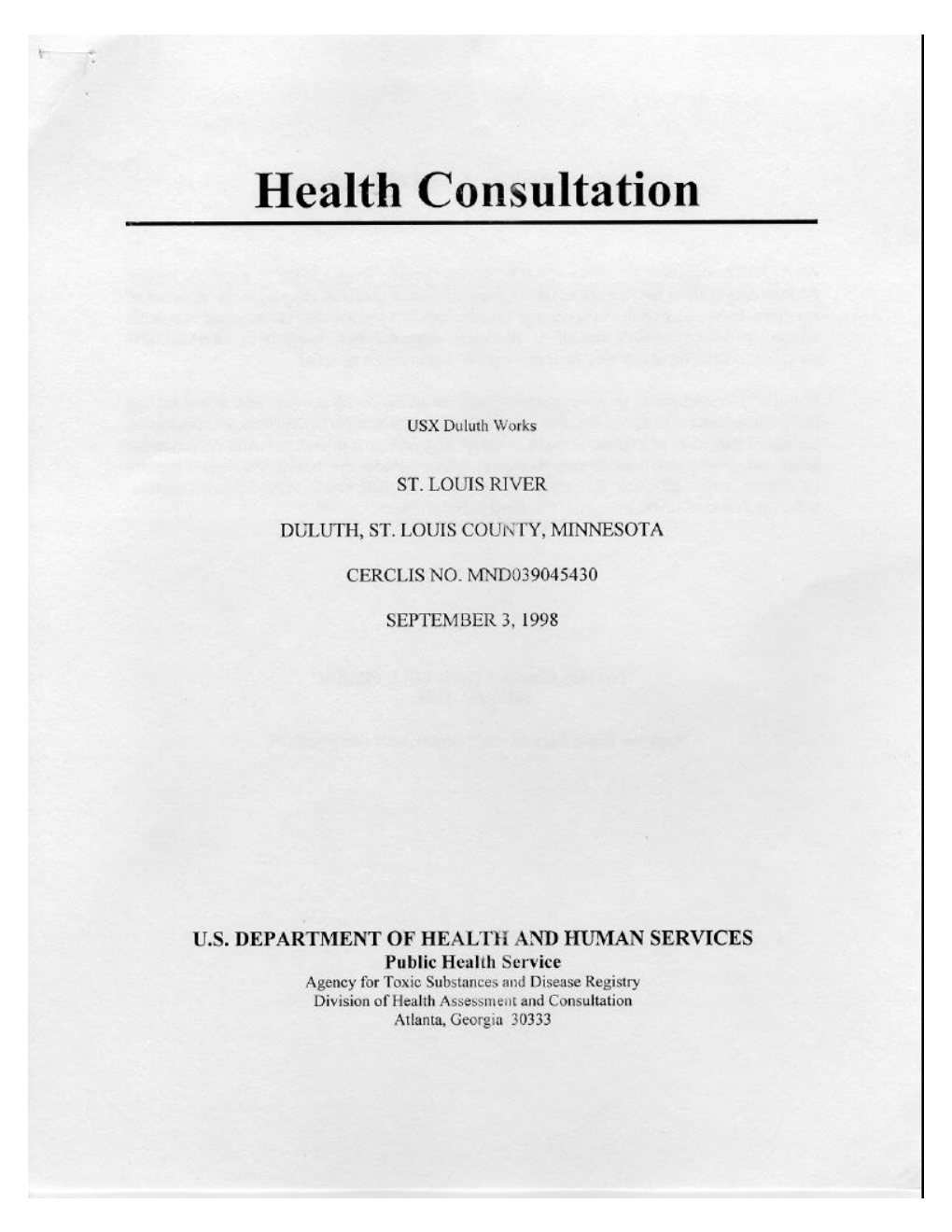 USX Duluth Works, Health Consultation, September 1998 (PDF)