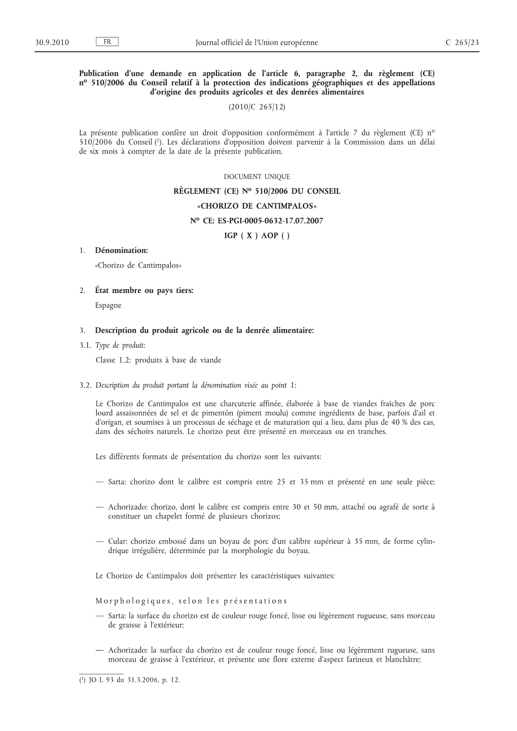 (CE) No 510/2006 Du Conseil Relatif À