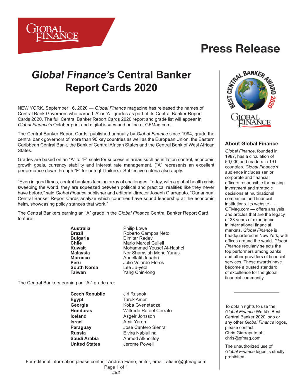 Global Finance's Central Banker Report Cards 2020