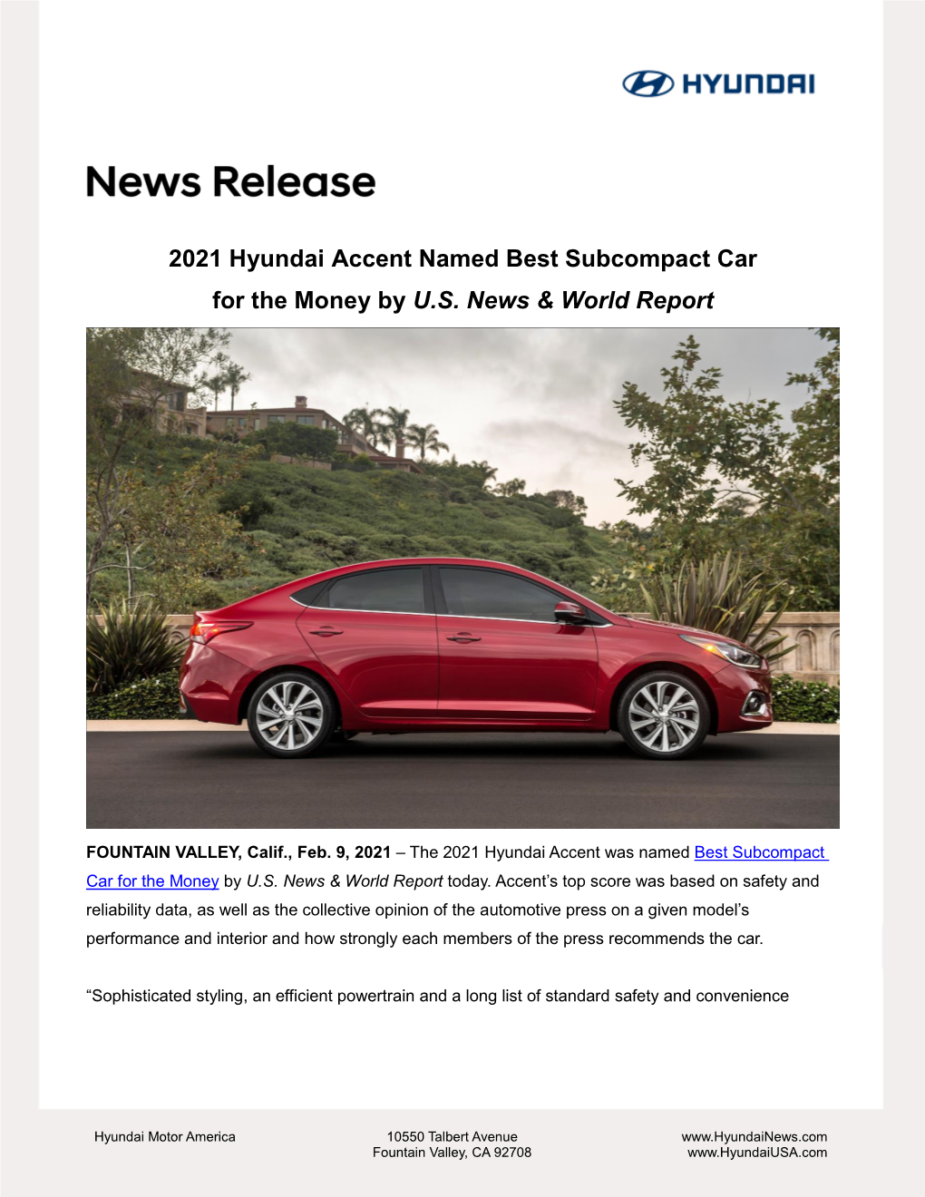 2021 Hyundai Accent Named Best Subcompact Car for the Money by U.S