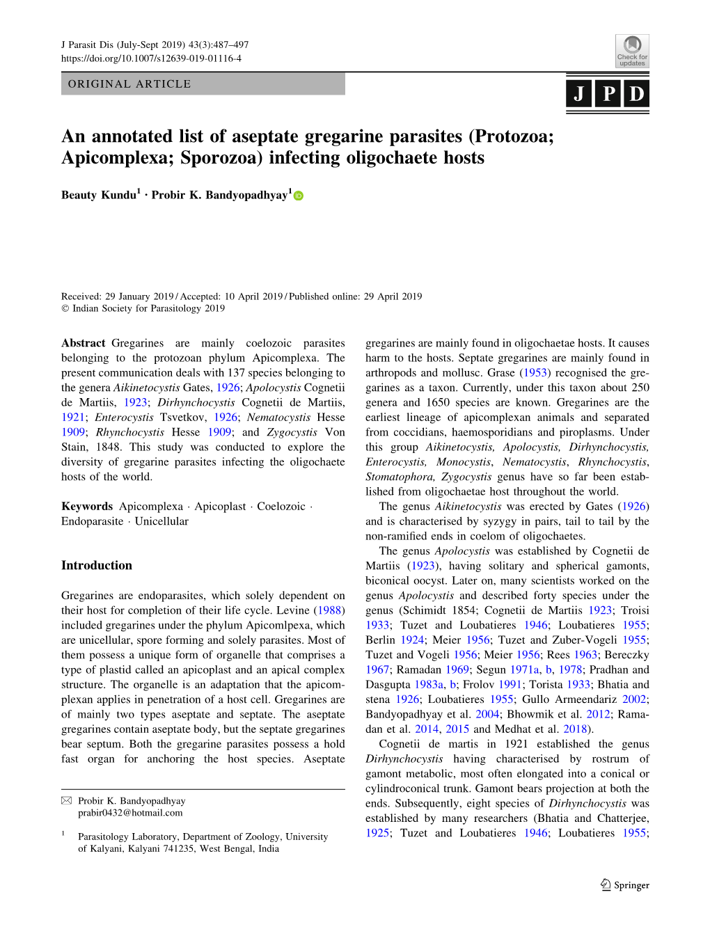 An Annotated List of Aseptate Gregarine Parasites (Protozoa; Apicomplexa; Sporozoa) Infecting Oligochaete Hosts