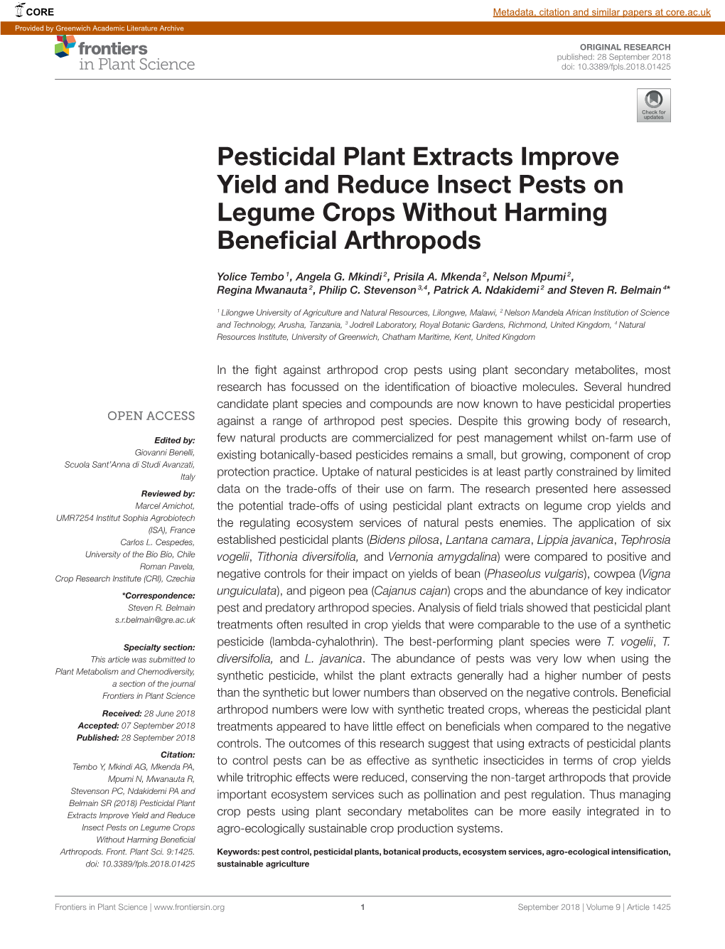 Pesticidal Plant Extracts Improve Yield and Reduce Insect Pests on Legume Crops Without Harming Beneﬁcial Arthropods