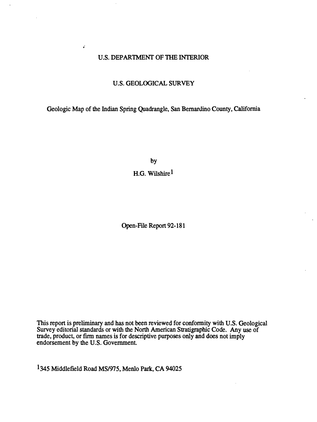 Geologic Map of the Indian Spring Quadrangle, San Bernardino County, California