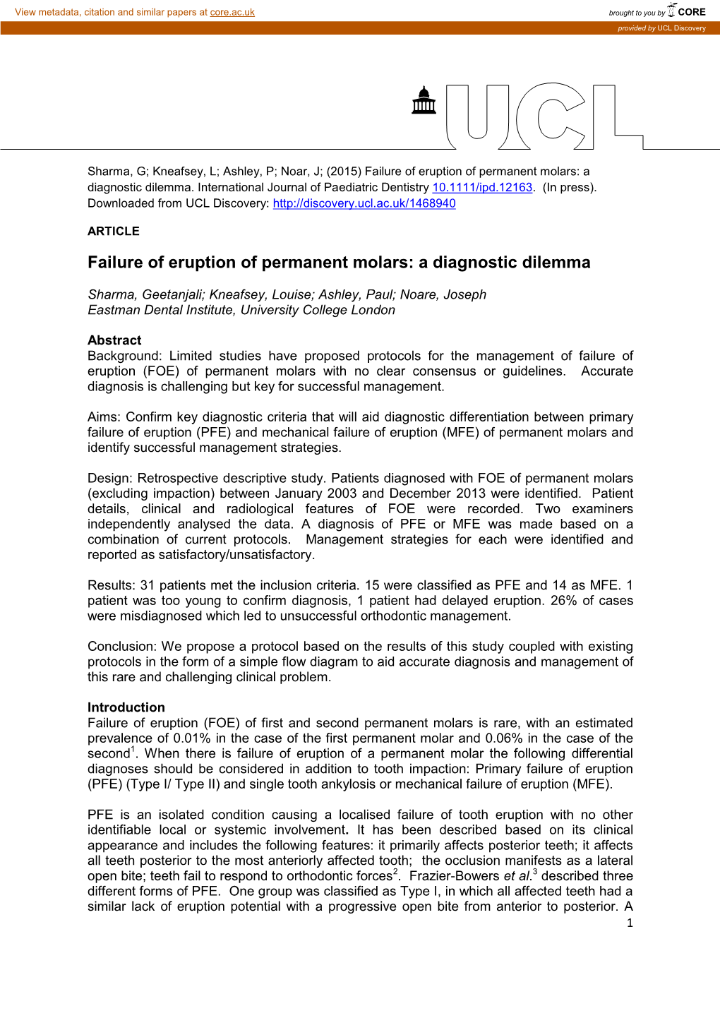 Primary Failure of Eruption Or Single Tooth Ankylosis