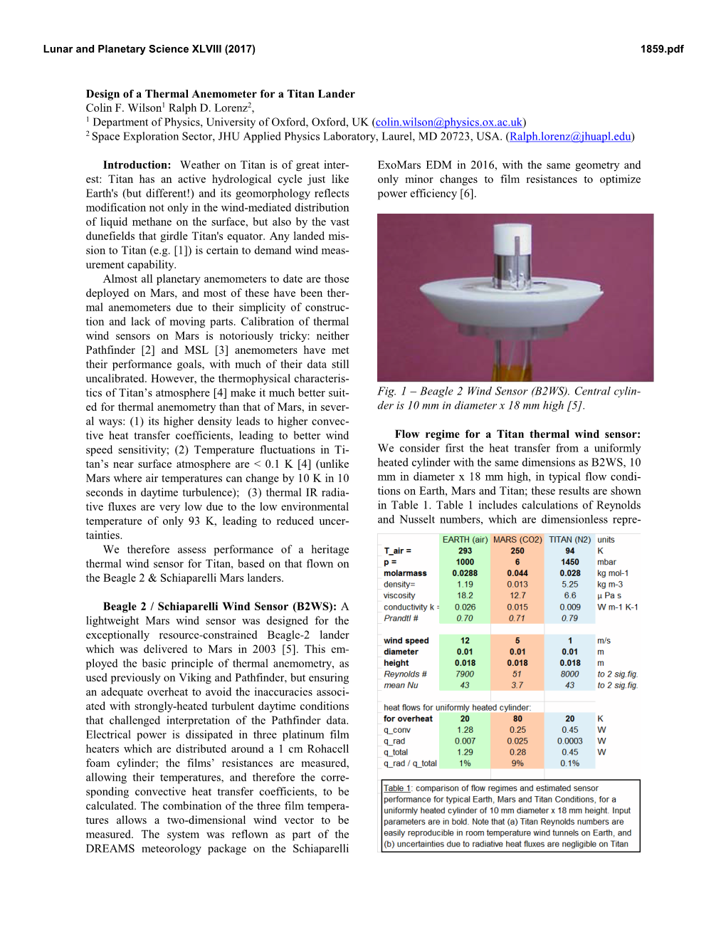 Design of a Thermal Anemometer for a Titan Lander Colin F