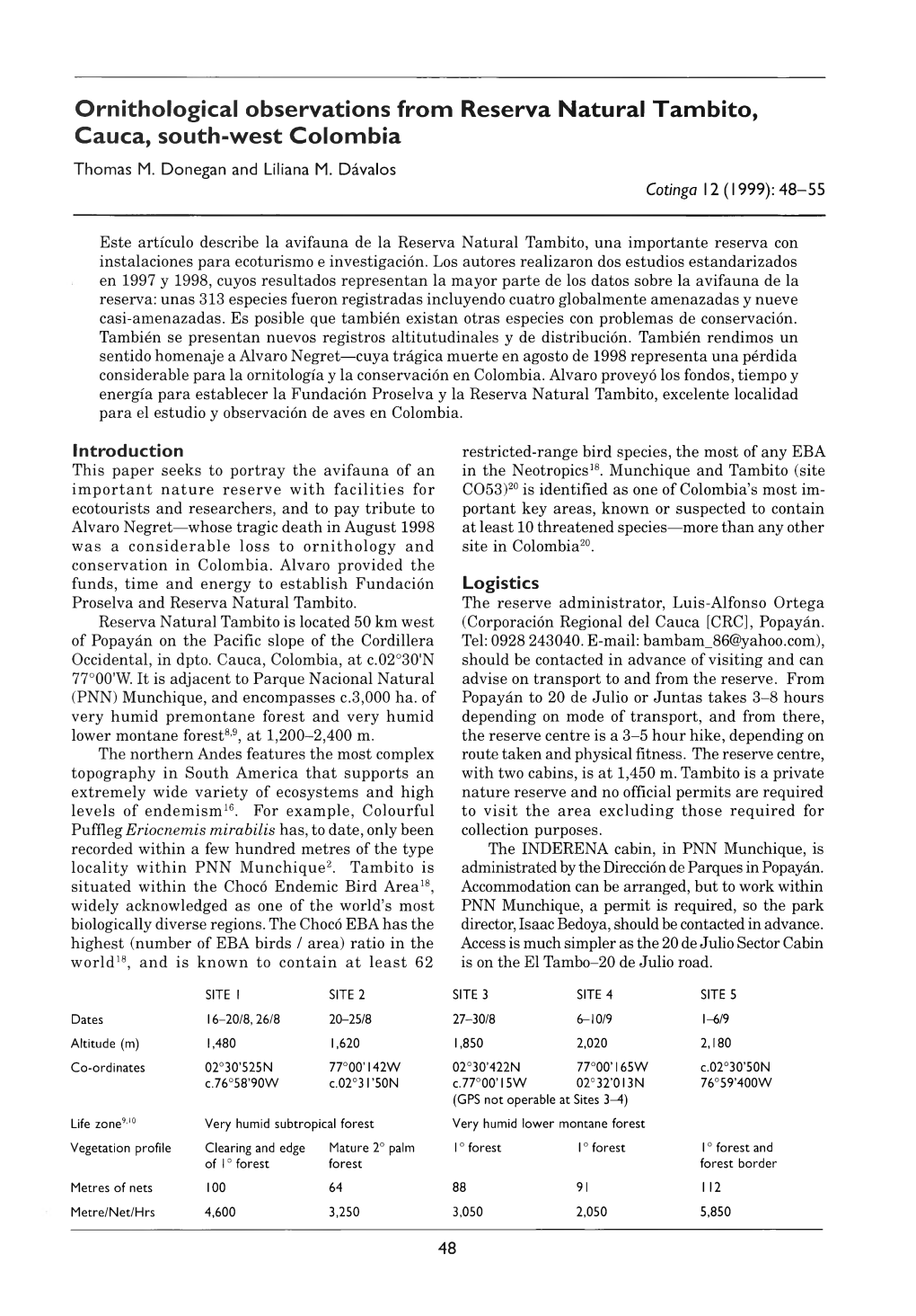 Ornithological Observations from Reserva Natural Tambito, Cauca, South-West Colombia