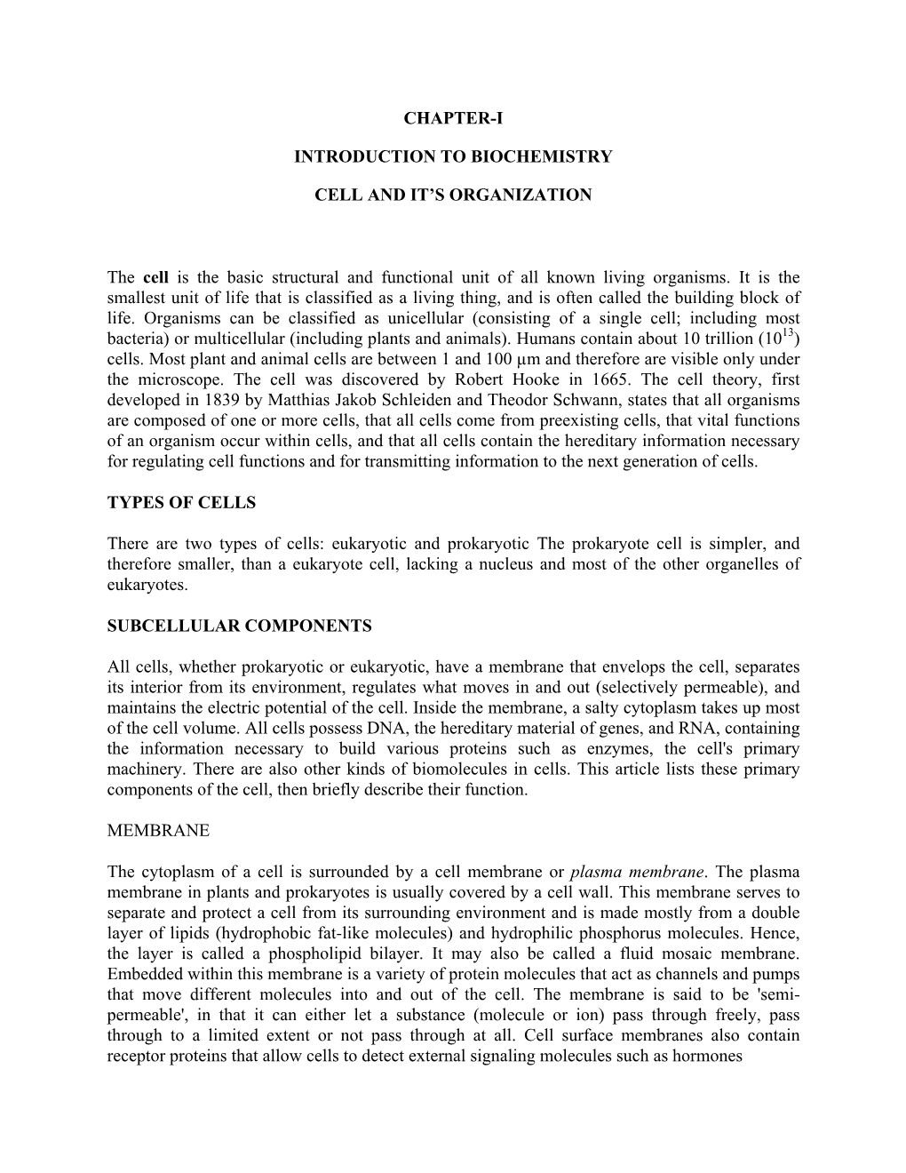 Chapter-I Introduction to Biochemistry Cell and It's