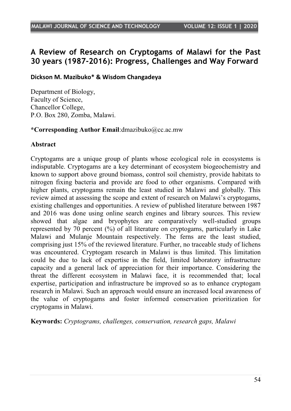 A Review of Research on Cryptogams of Malawi for the Past 30 Years (1987-2016): Progress, Challenges and Way Forward