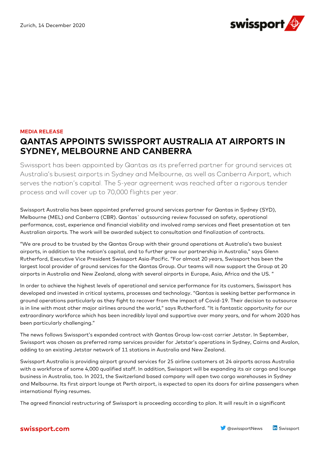 Qantas Appoints Swissport Australia at Airports In