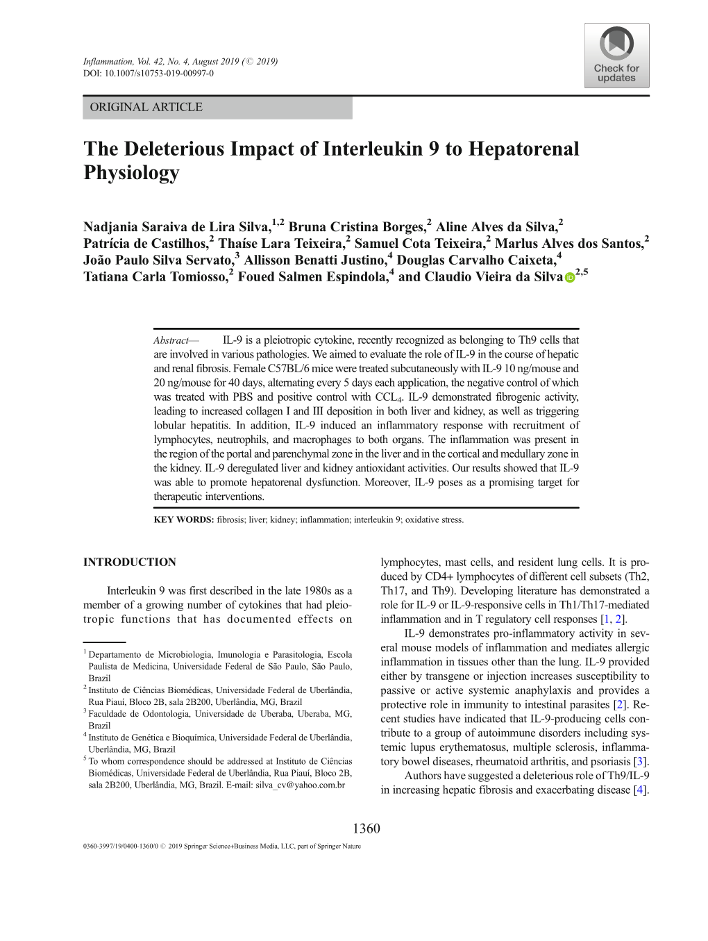 The Deleterious Impact of Interleukin 9 to Hepatorenal Physiology