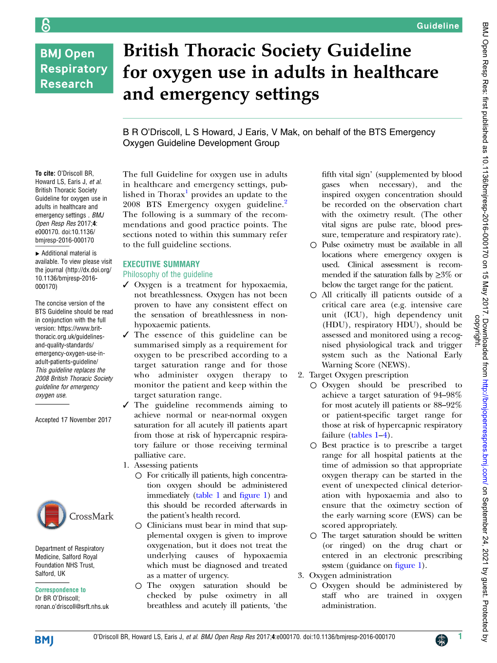 British Thoracic Society Guideline for Oxygen Use in Adults in Healthcare and Emergency Settings