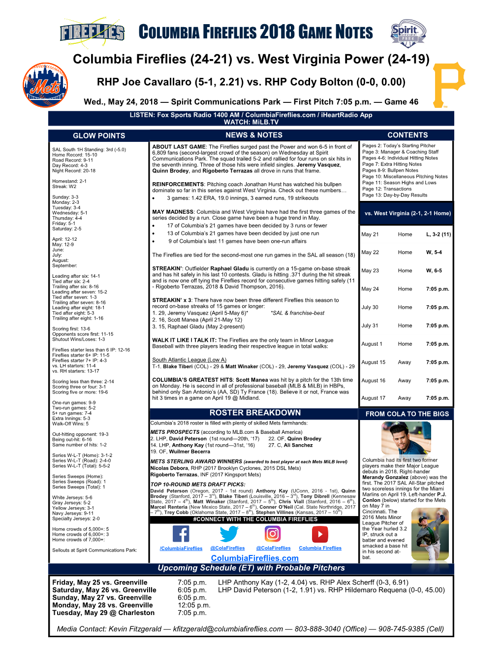 COLUMBIA FIREFLIES 2018 GAME NOTES Columbia Fireflies (24-21) Vs