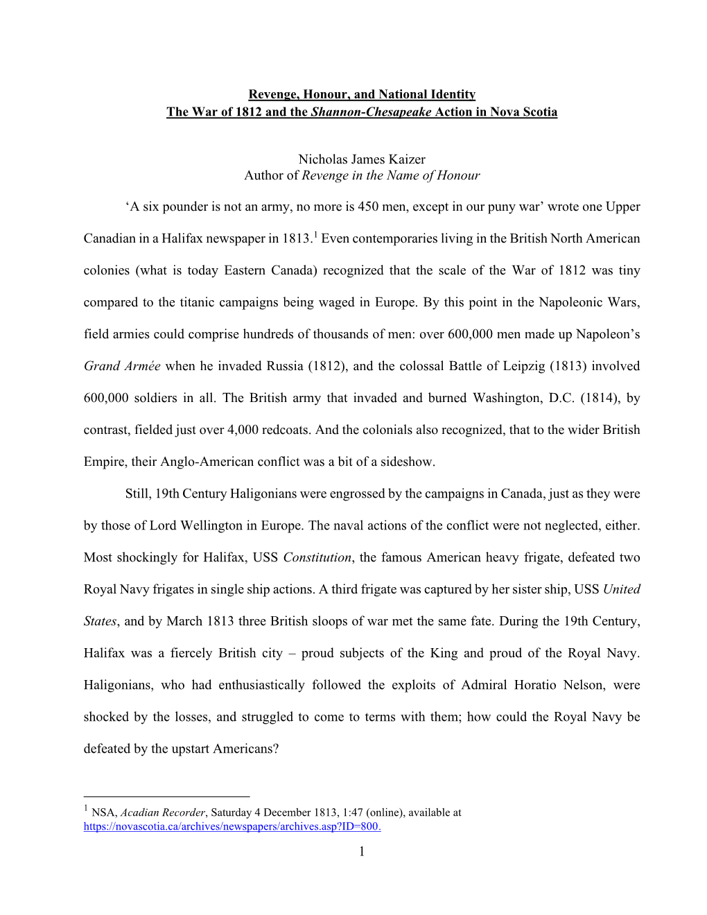 Revenge, Honour, and National Identity the War of 1812 and the Shannon-Chesapeake Action in Nova Scotia