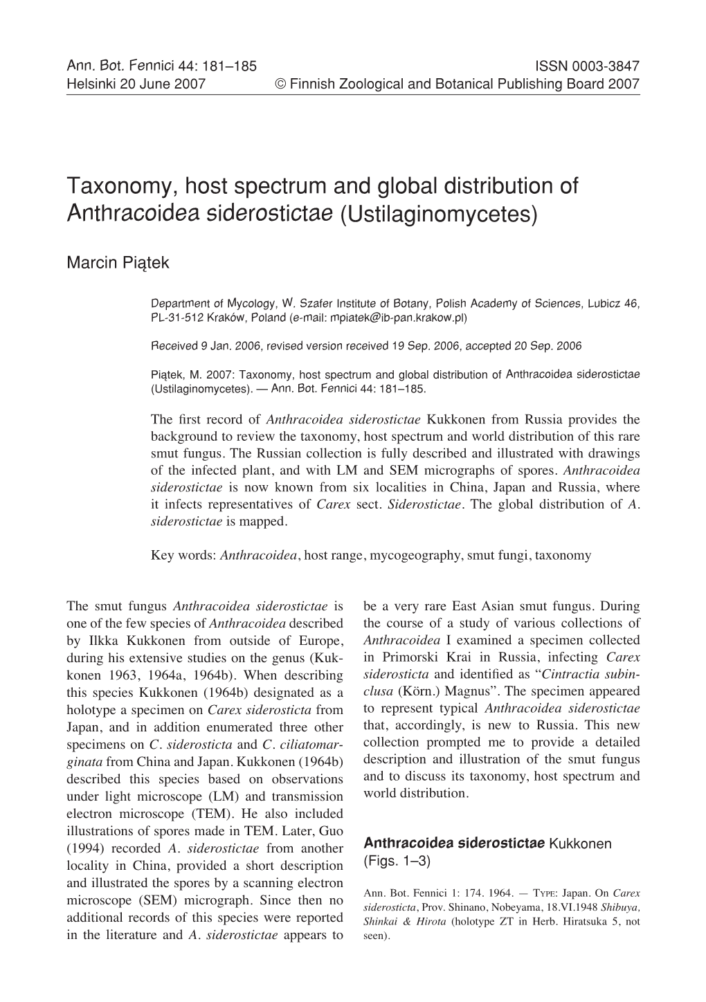 Taxonomy, Host Spectrum and Global Distribution of Anthracoidea Siderostictae (Ustilaginomycetes)