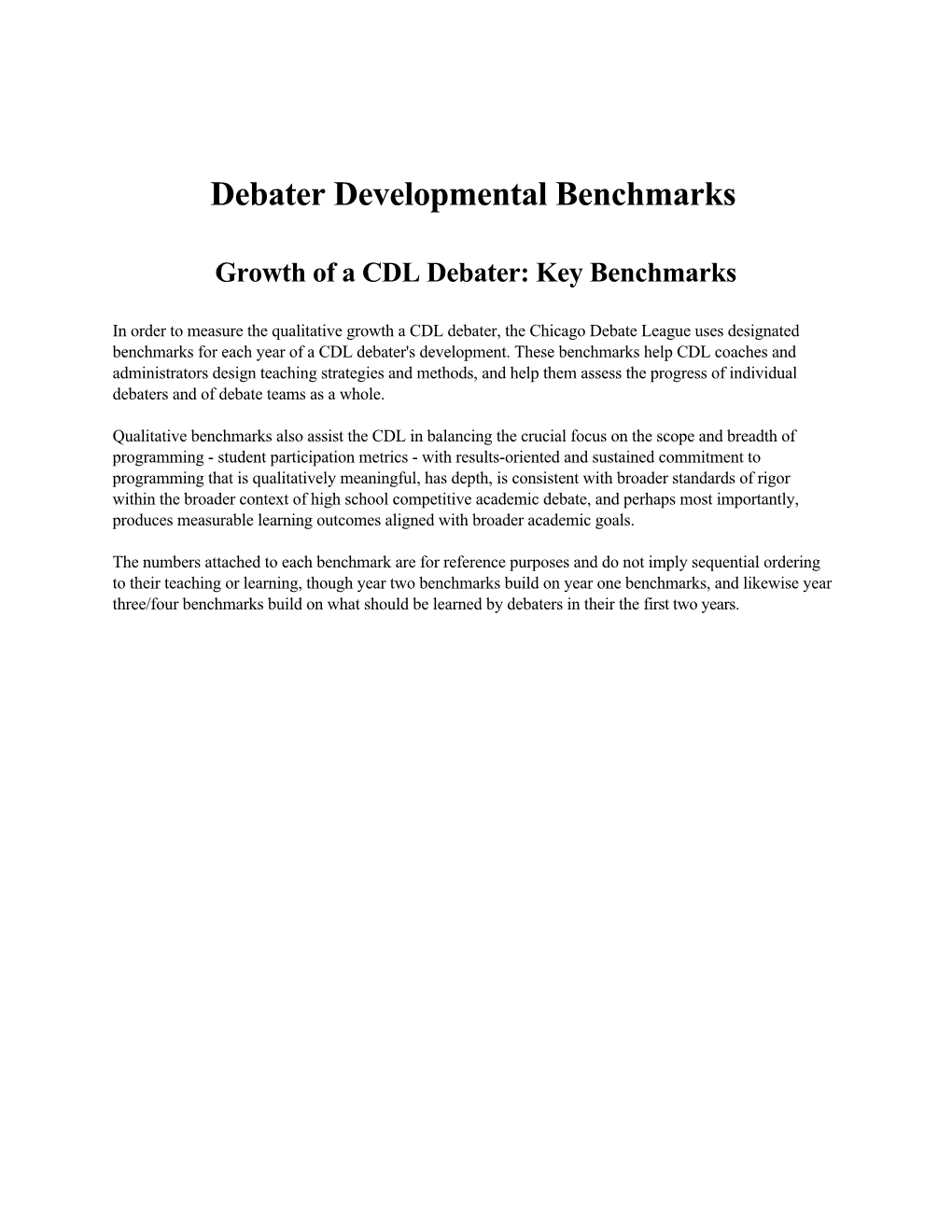 Debater Developmental Benchmarks