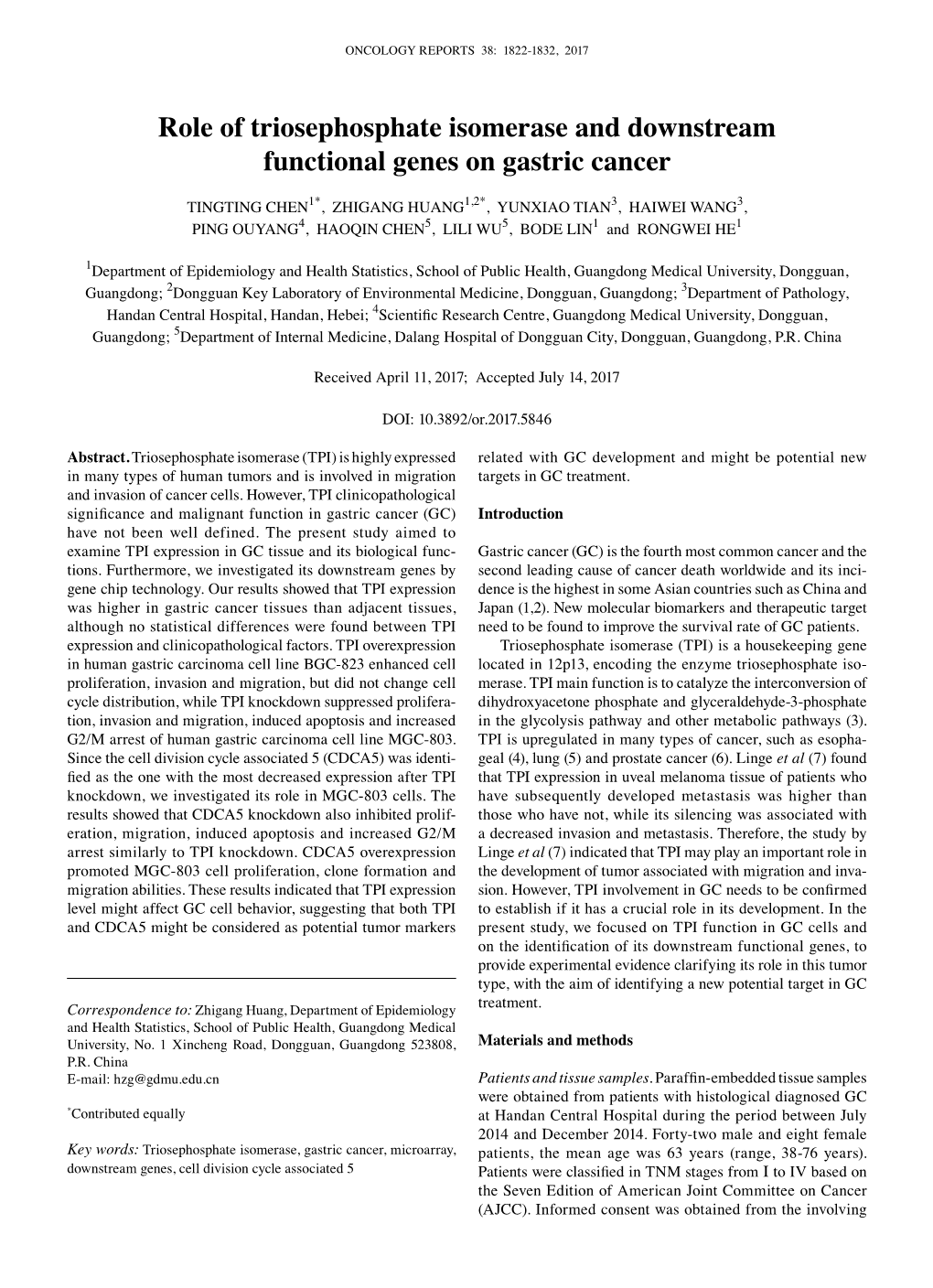 Role of Triosephosphate Isomerase and Downstream Functional Genes on Gastric Cancer