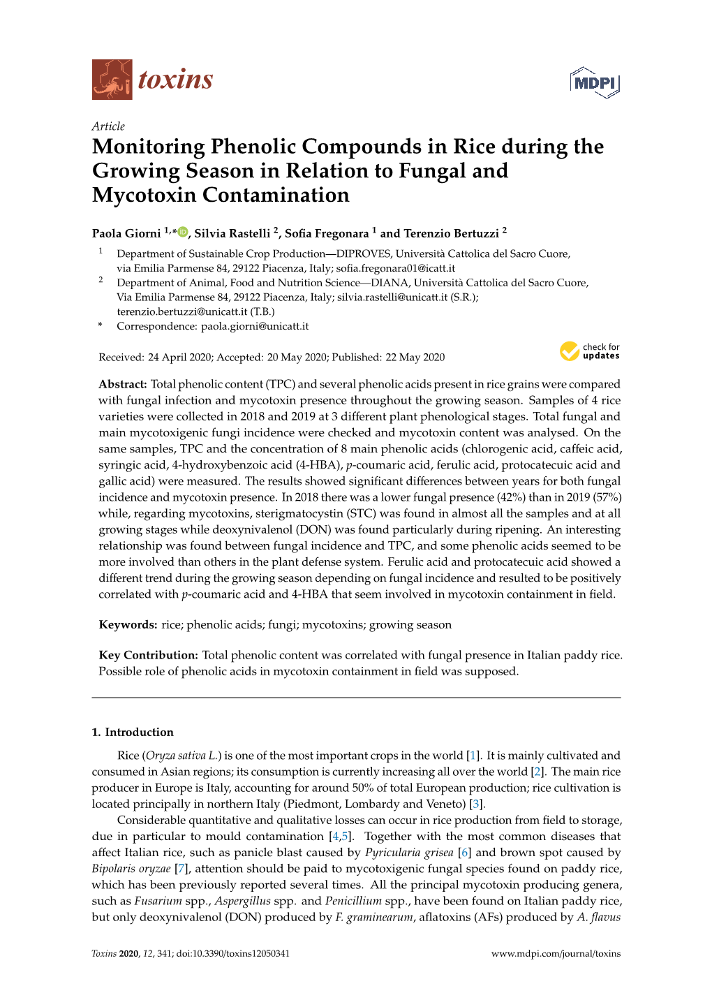 Monitoring Phenolic Compounds in Rice During the Growing Season in Relation to Fungal and Mycotoxin Contamination