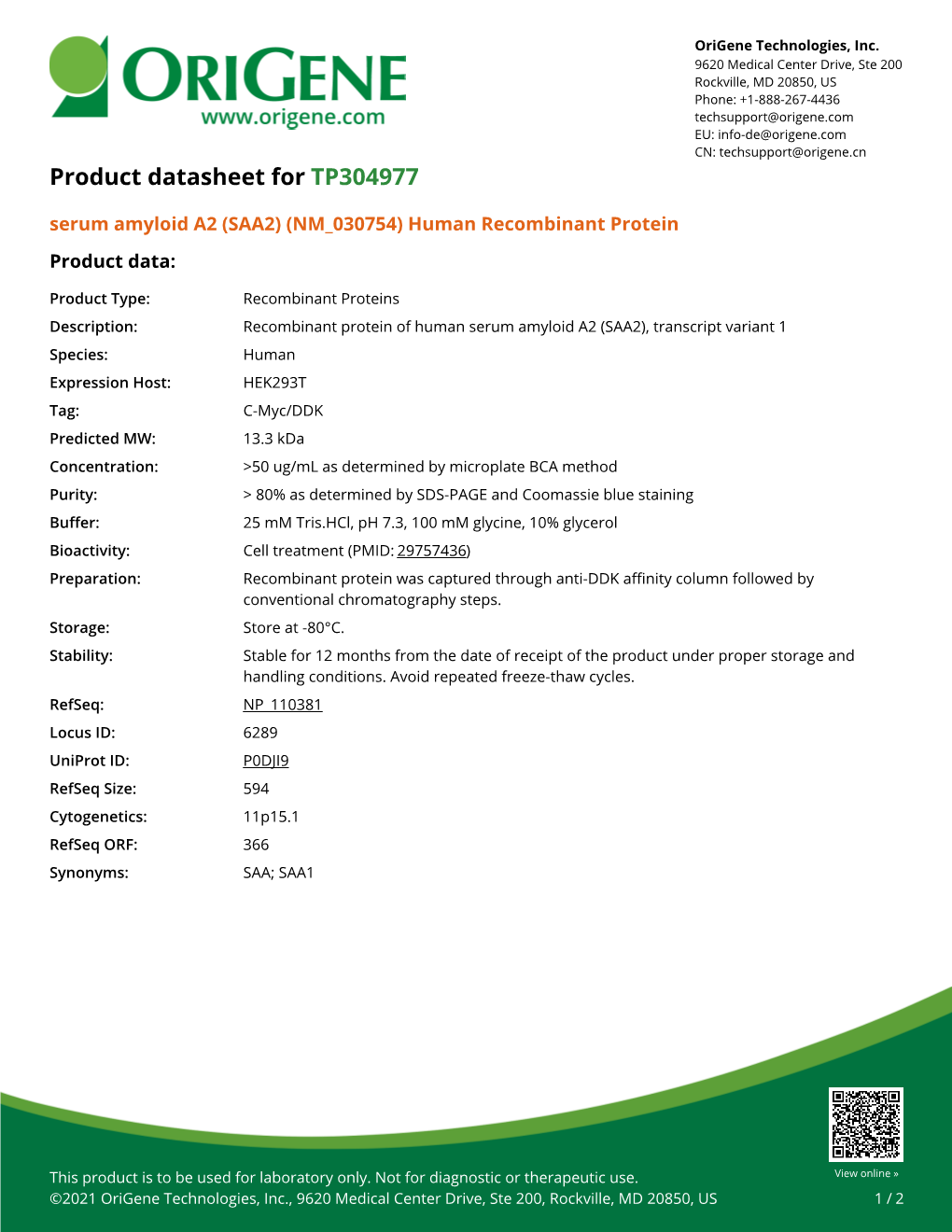 (SAA2) (NM 030754) Human Recombinant Protein Product Data